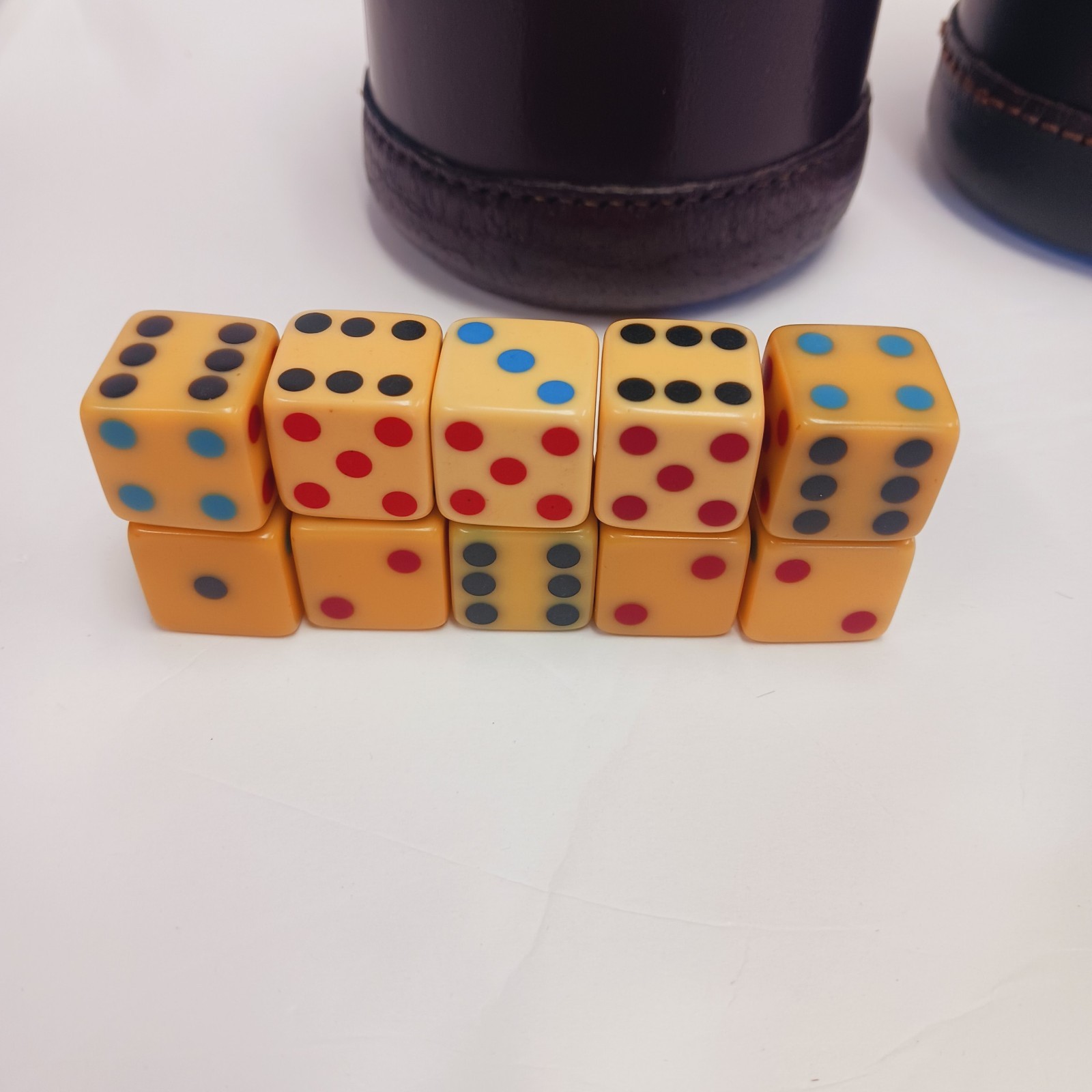 Vtg Leather Dice Cups With Ribbed Lining & 10 Vtg 5/8\