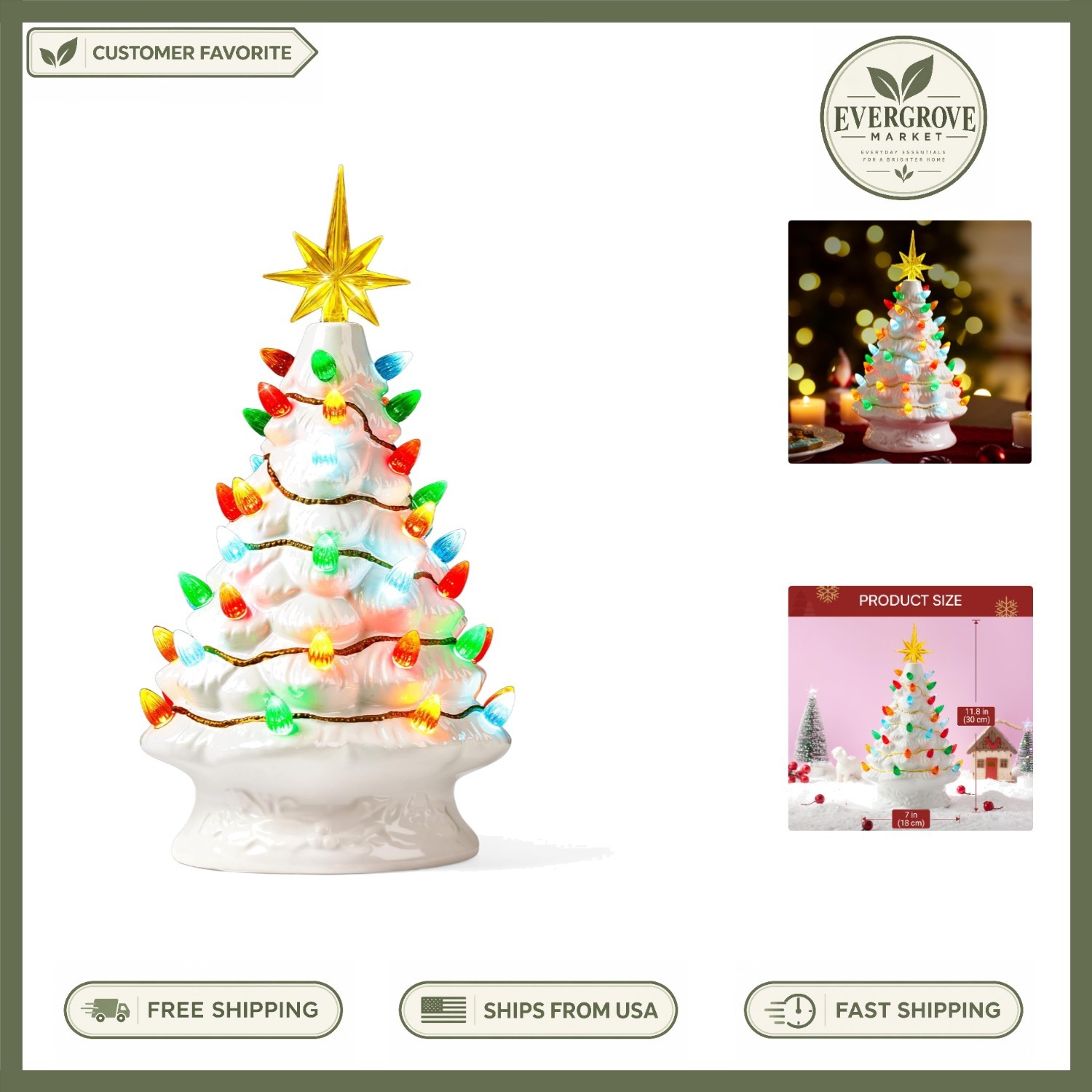 12 Inch White Ceramic Christmas Tree with 49 LED Lights Tabletop Holiday Decor