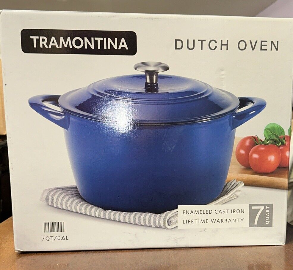 Tramontina Enameled Cast Iron 7-Quart Covered Round Dutch Oven Blue NIB