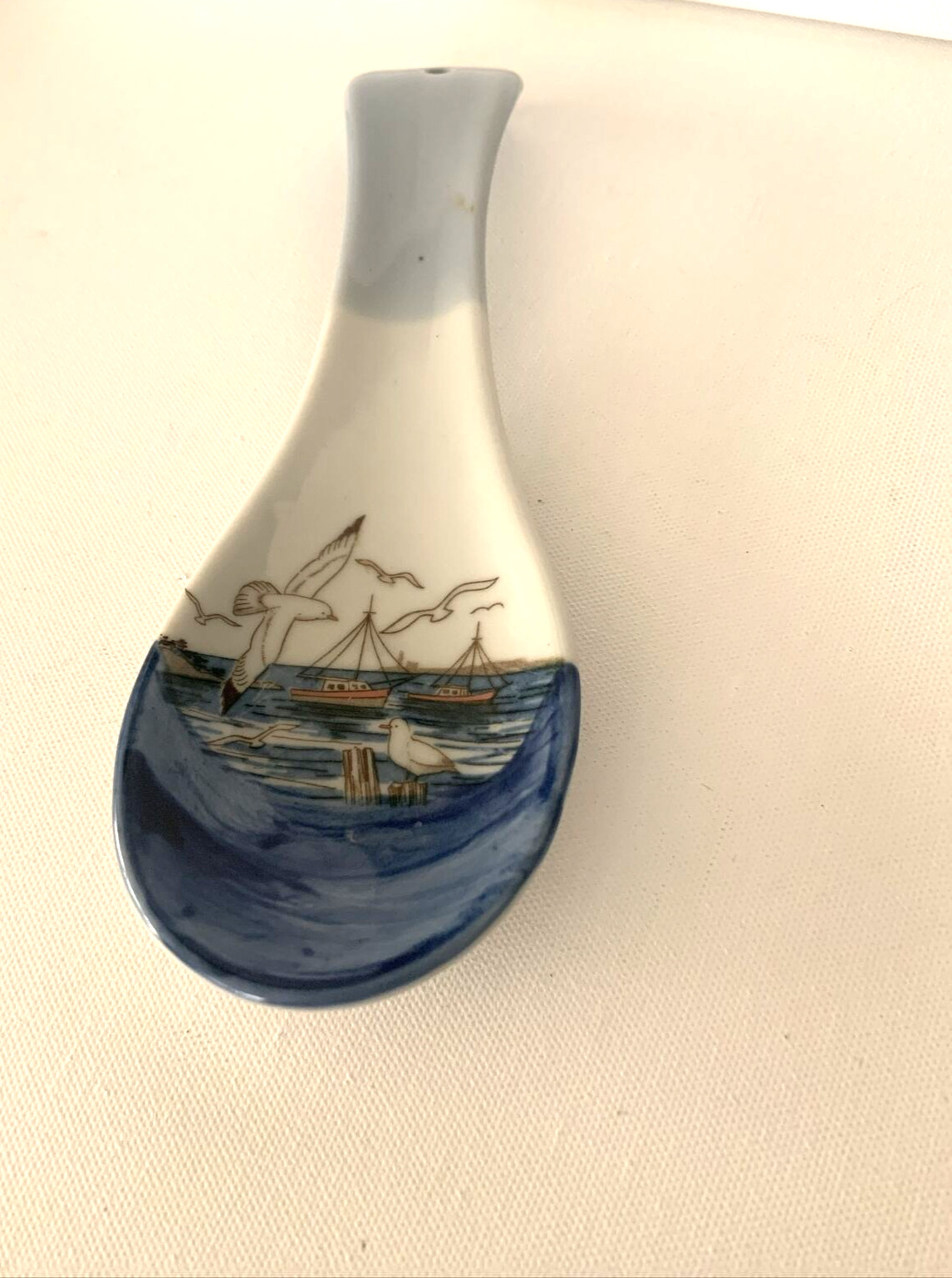 Otagiri Spoon Rest Blue Ocean Seagulls Boats Stoneware Ceramic Vintage Japan