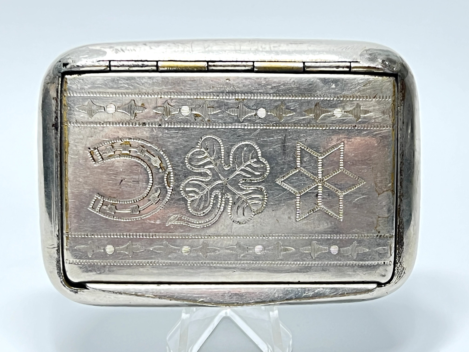 19c. Antique Brass Snuff Box Good Luck Symbols Engraved Nickel Plated Horseshoe
