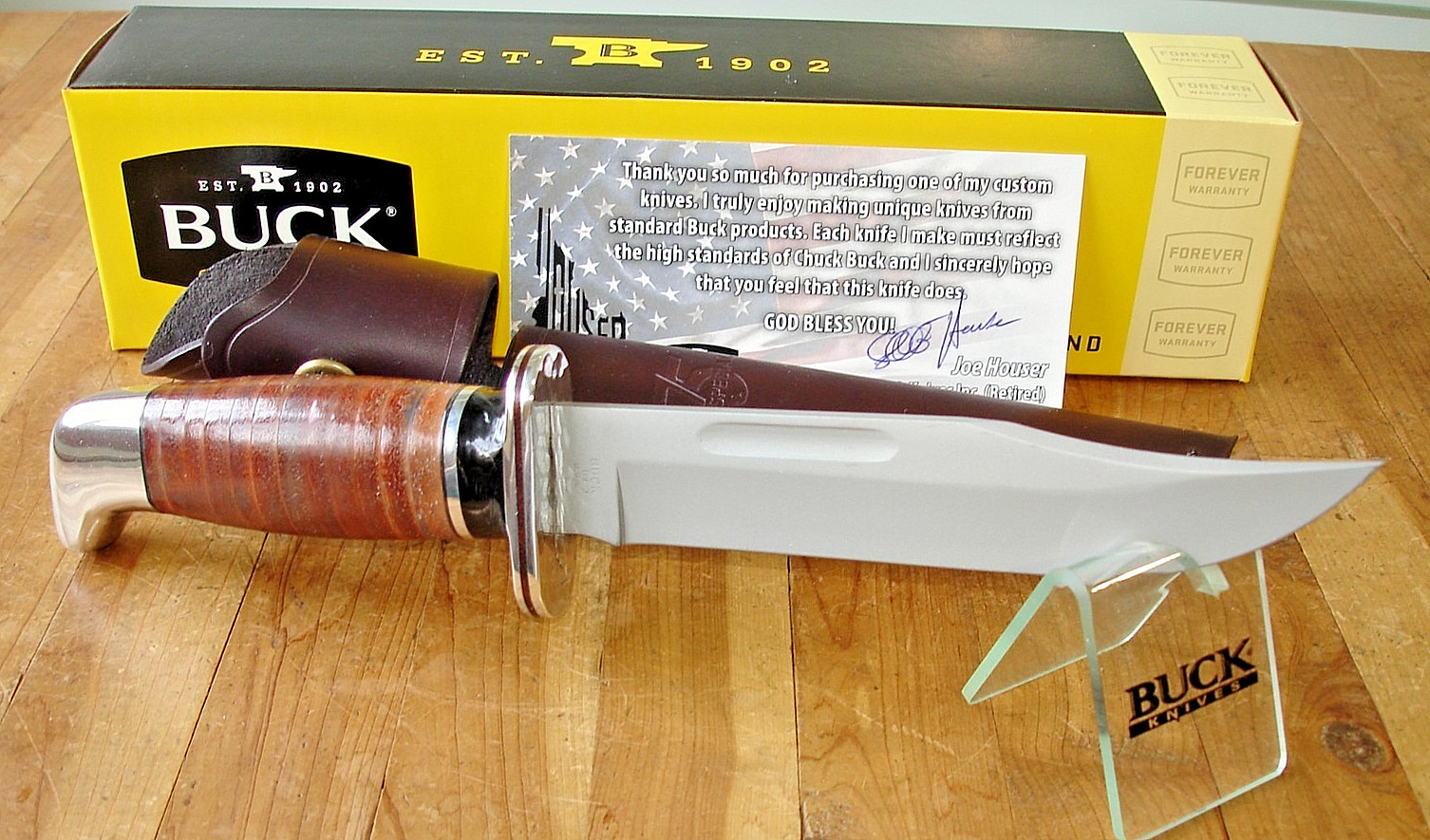 JOE HOUSER CUSTOM BUCK KNIFE 119 SPECIAL STACKED LEATHER HANDLE 1996 420HC BLADE