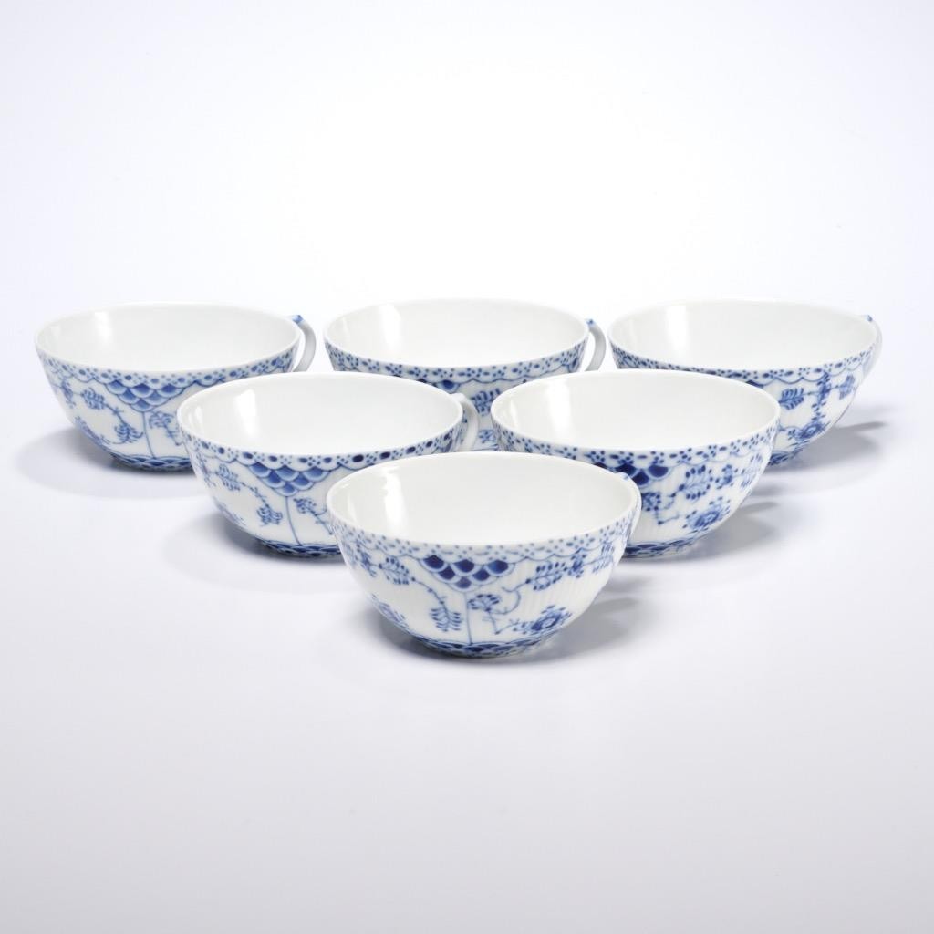 VTG Royal Copenhagen Blue Fluted Full Lace Flat Teacup Porcelain Set Danish 6pc