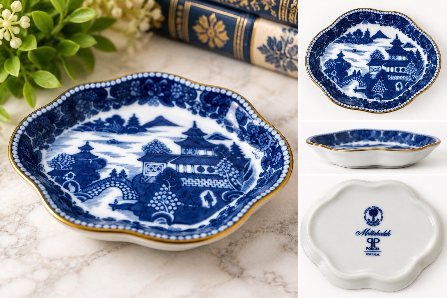Mottahedeh Porcel Portugal Blue White Porcelain Trinket Dish Gold Trim 4.5\