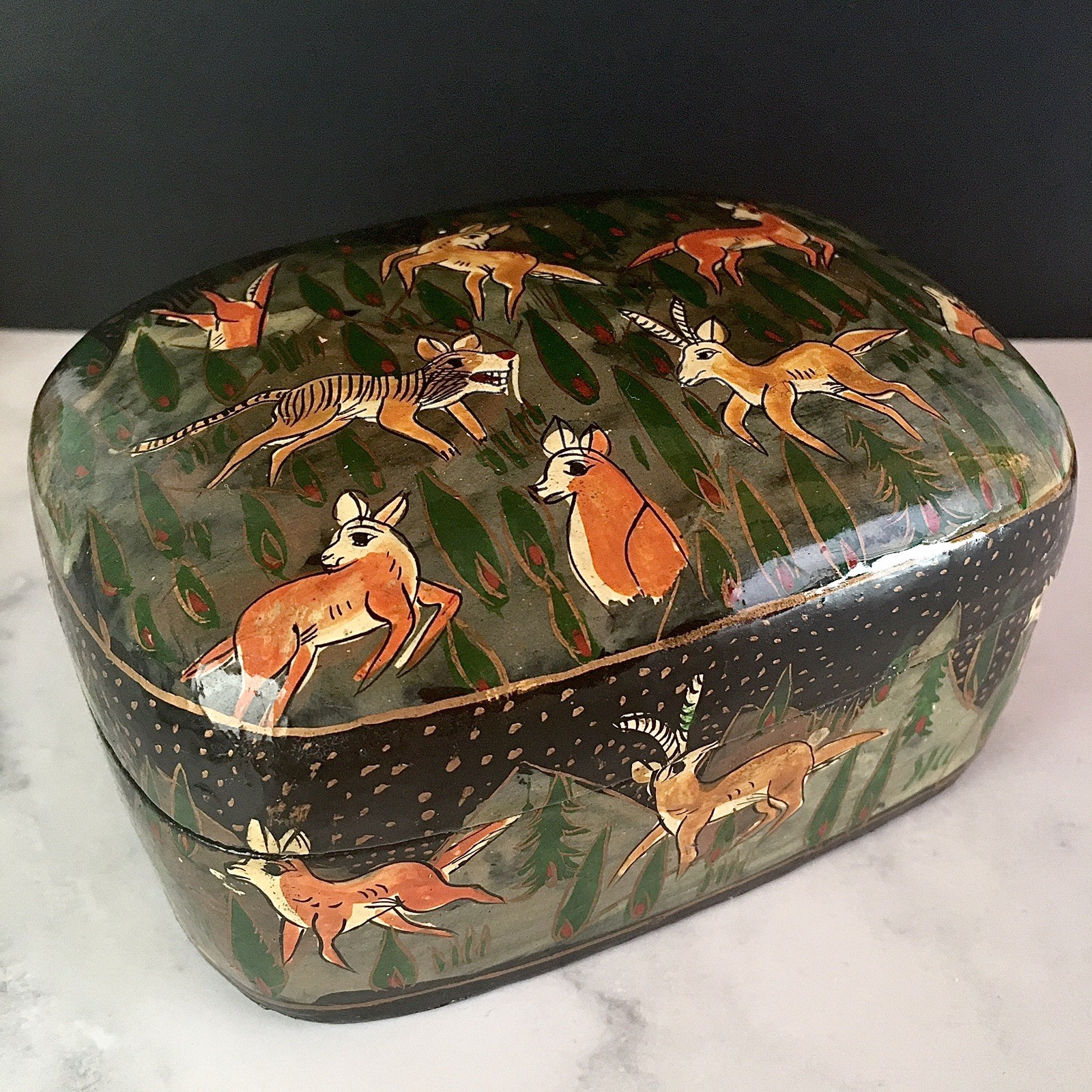Vintage Kashmir Hand Painted Lacquer Trinket Box Animals India 4 1/2 x 3 1/2 in