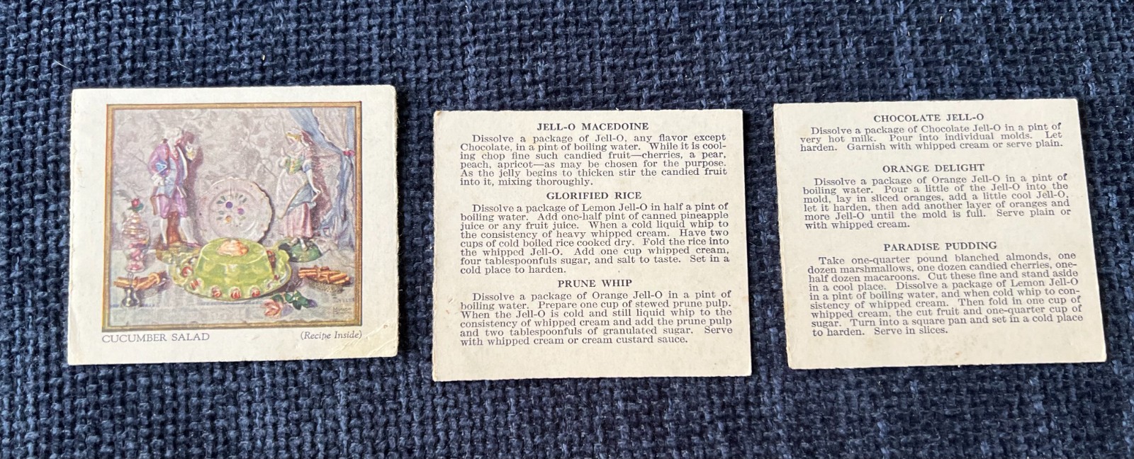 Lot 3 Antique 1920s Jell-O Recipe Cards Cucumber Salad Marion Powers LeRoy NY 