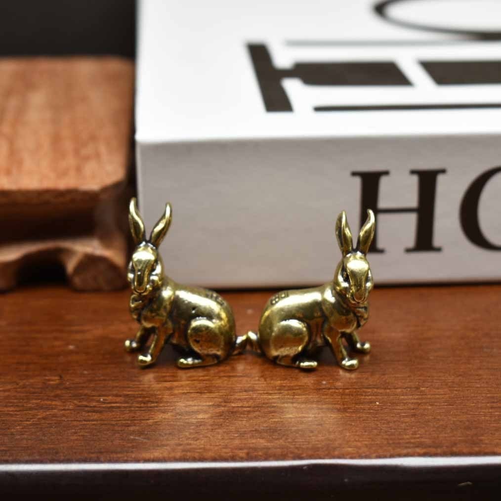 Brass Rabbit Figurine Set of 2 Mini Bunny Statue Home Desk Table Decor