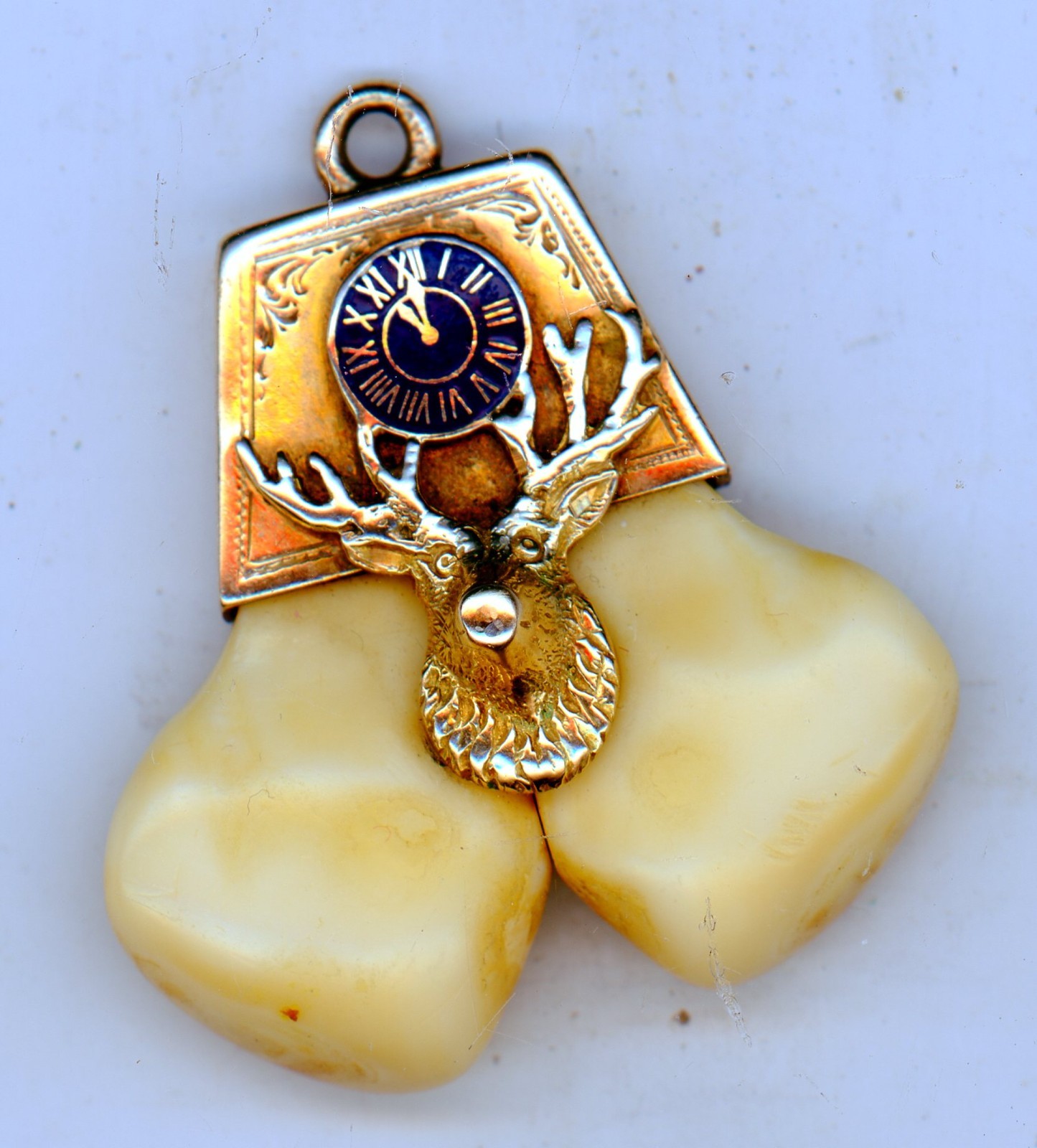 Antique 14k Yellow Gold Elks Club B.P.O.E. Double Tooth Fob Pendant 9.8g