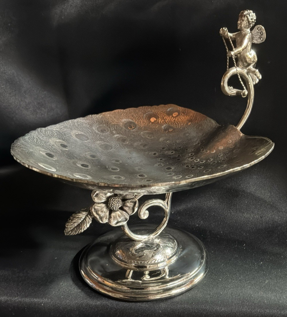 Vintage Rogers & Bro Triple Silver Plated Cherub w/Peacock Feather Pattern Tazza