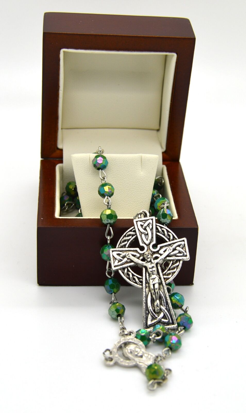 Celtic green rosary in walnut jewelry box Catholic Irish cross silver plated
