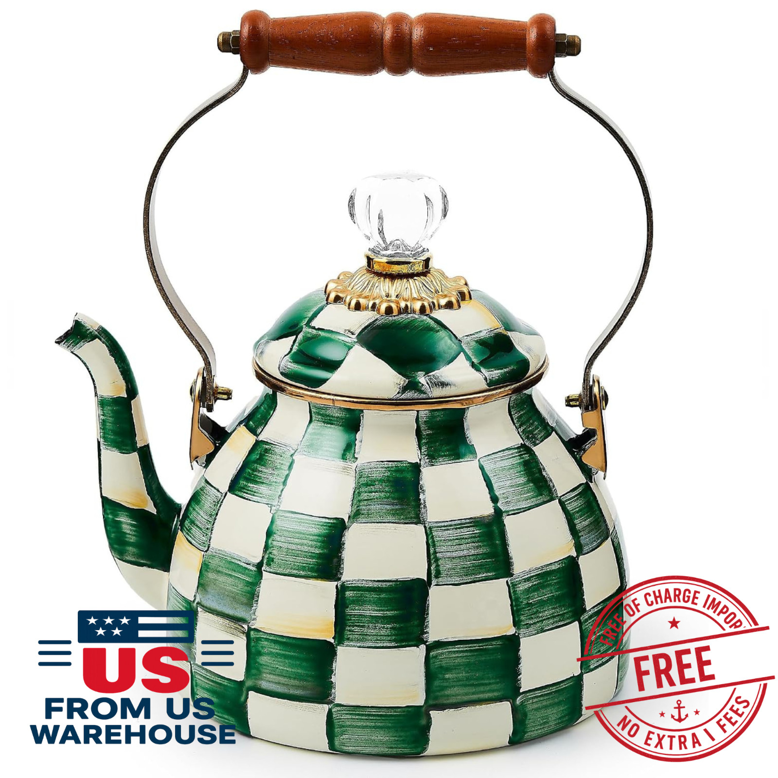 MacKenzie-Childs Emerald Check Tea Kettle 2 Qt Enamel Stovetop