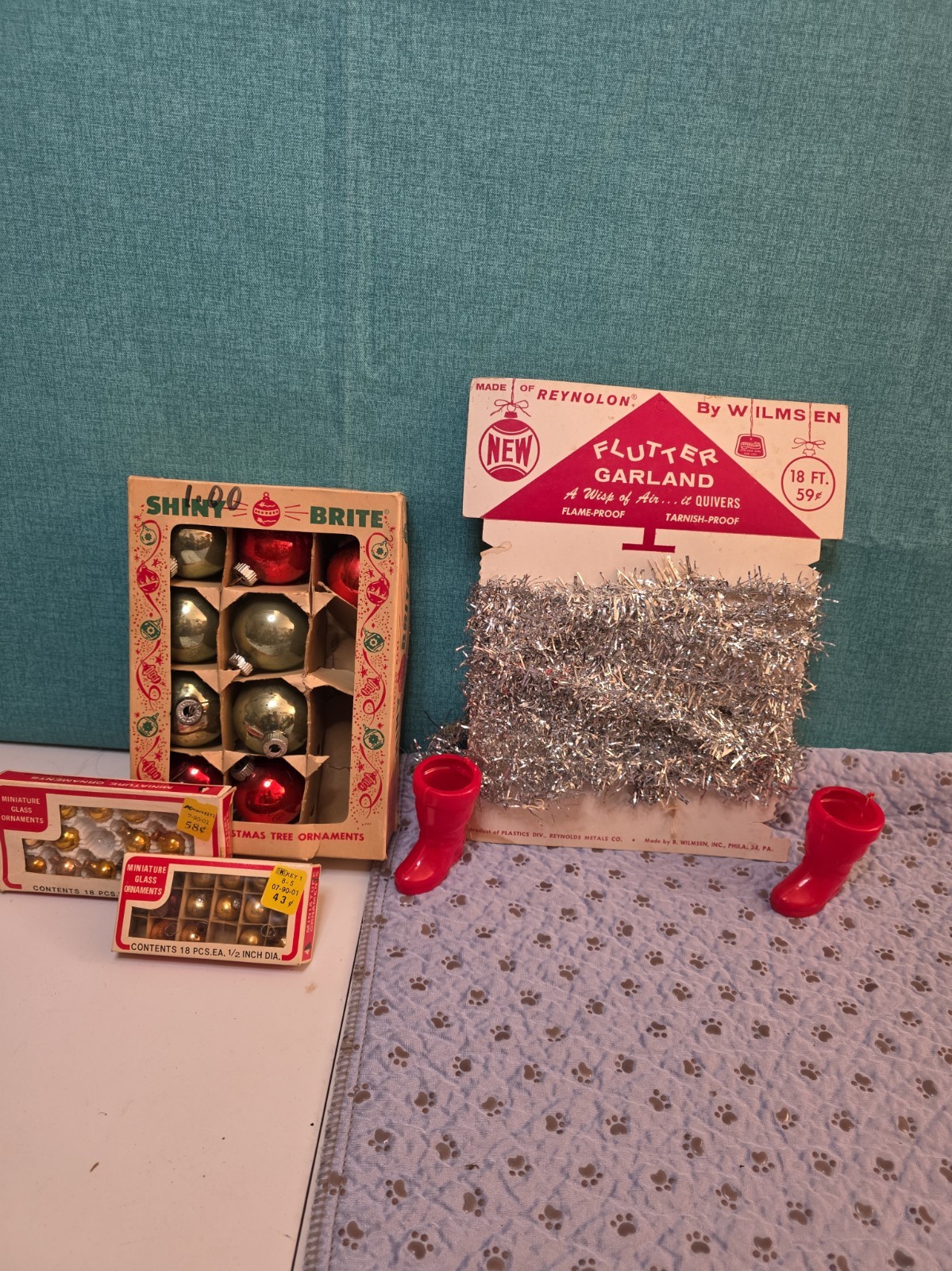 Vtg Mid Century Christmas Lot Shiny Brite Glass Ornaments Wilmsen Tinsel Garland