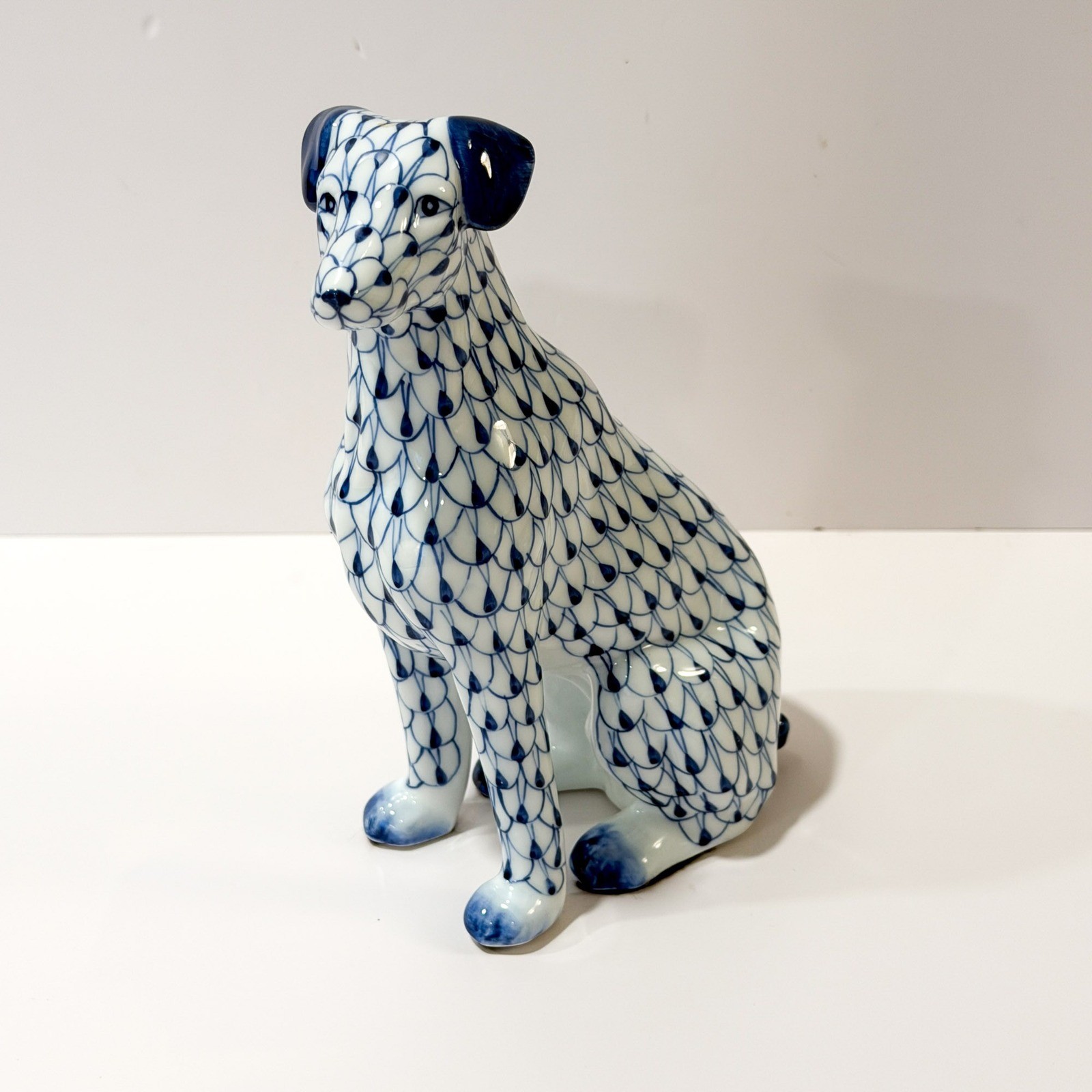 Andrea by Sadek Sitting Dog Figurine Blue White Fishnet Porcelain Andrea by Sadek Sitting Dog Figurine Blue White Fishnet Porcelain