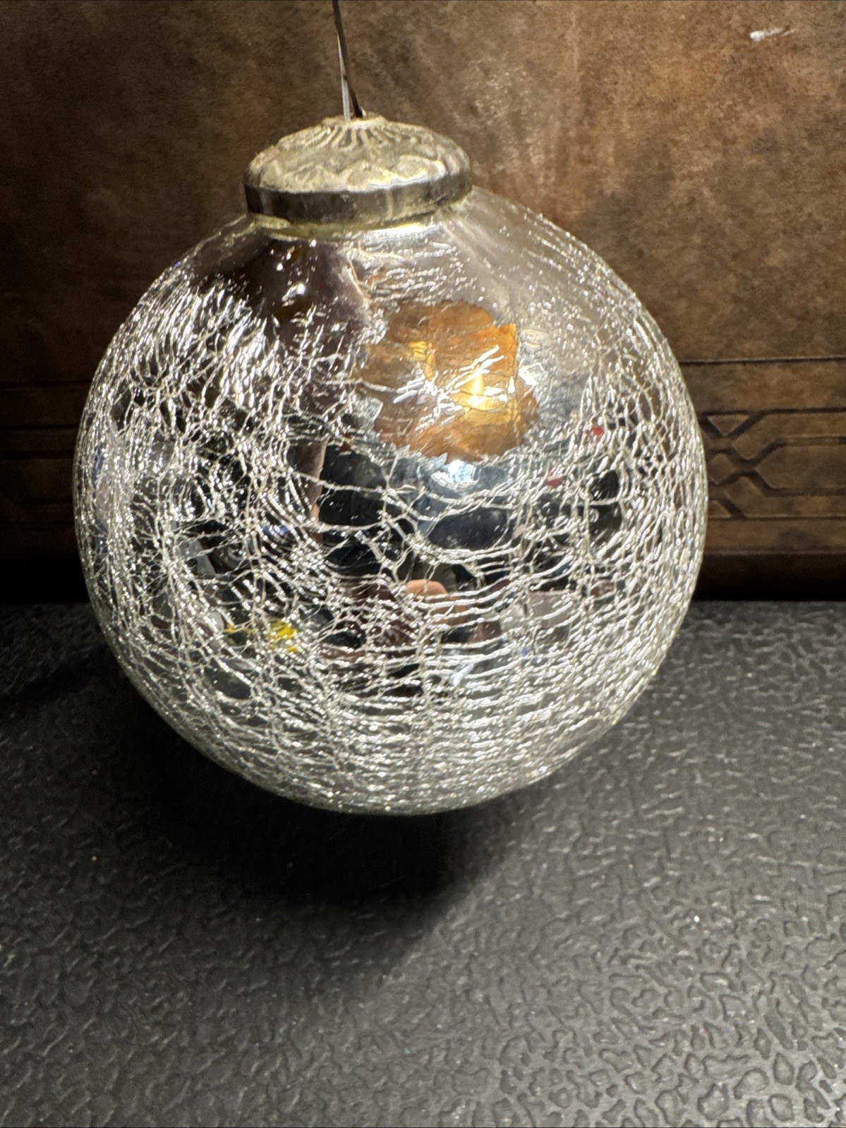 Vintage Kugel Style Ornament Silver Crackle Glass Large Heavy Christmas 5/6in