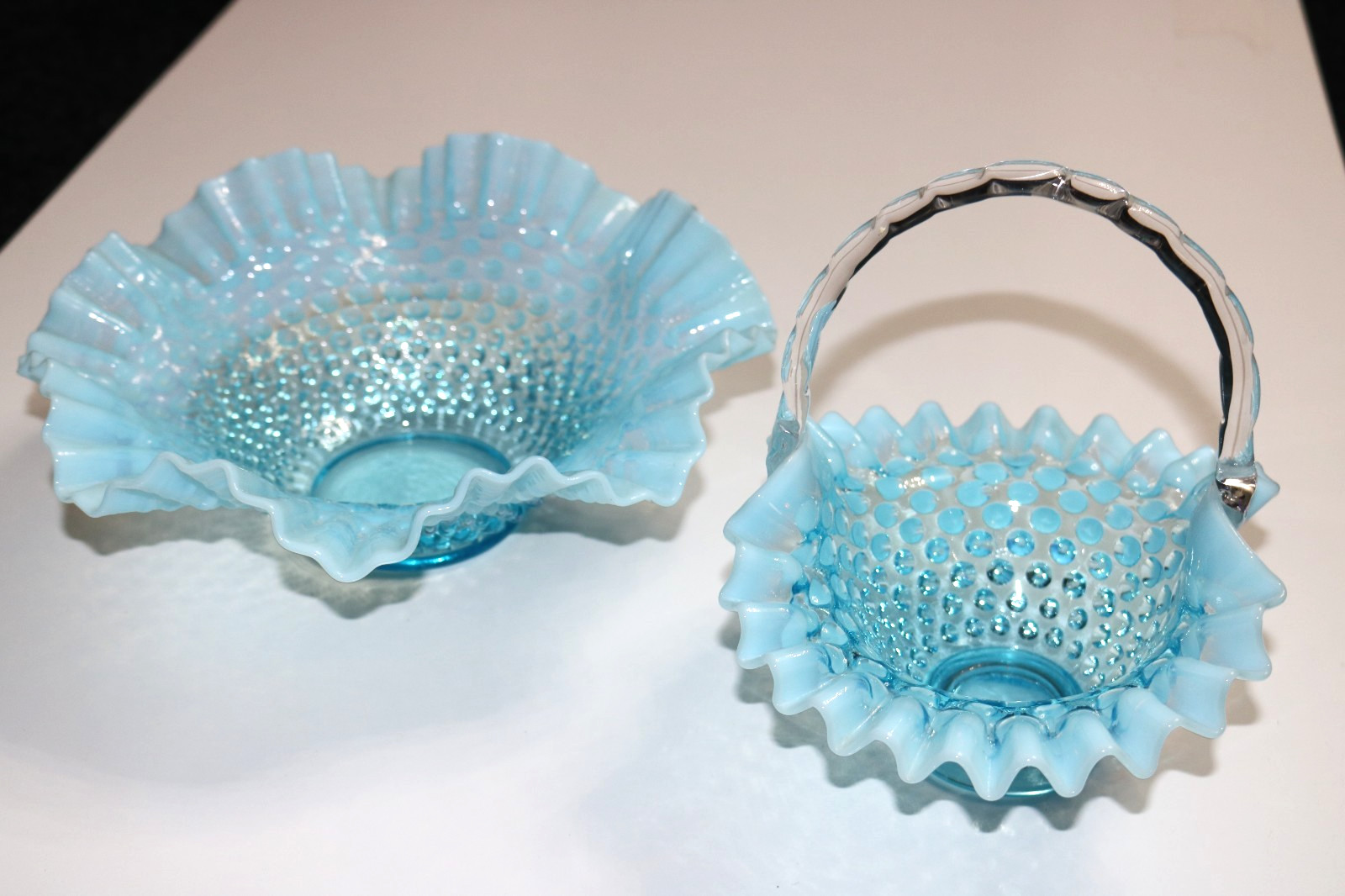 Fenton Blue Ruffled Opalescent Glass Hobnail Bowl & Basket