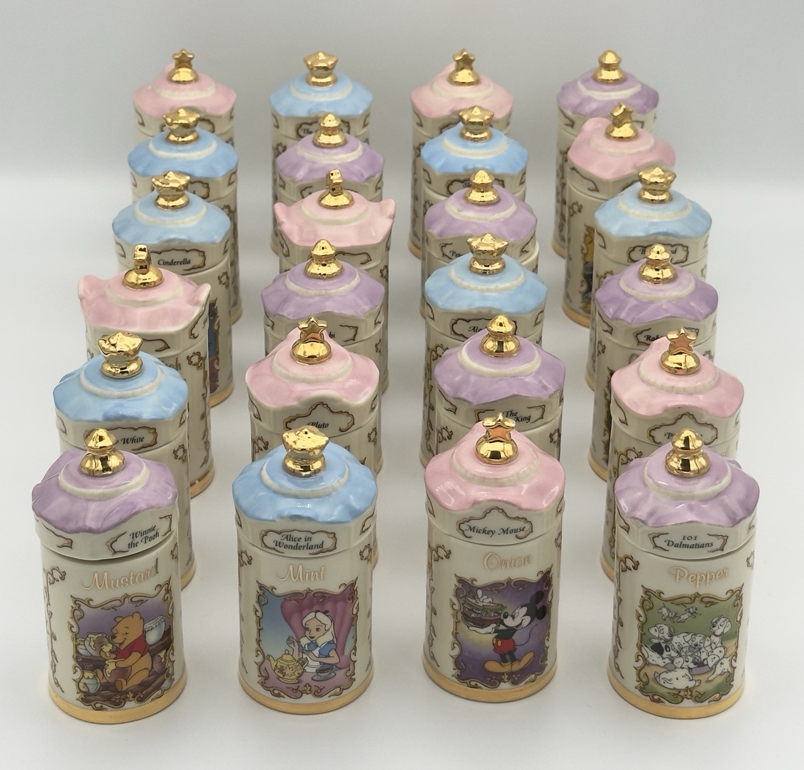 Disney Ceramic Spice Jar Set 24pcs With Lids Vintage Mickey Pooh Dalmatians