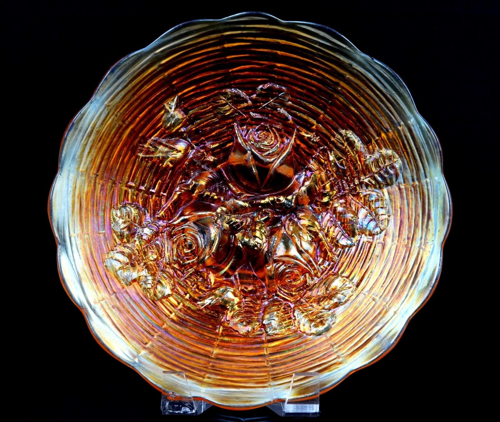 Northwood Iridescent Carnival Glass Marigold Rose Show Antique 9 1/8\