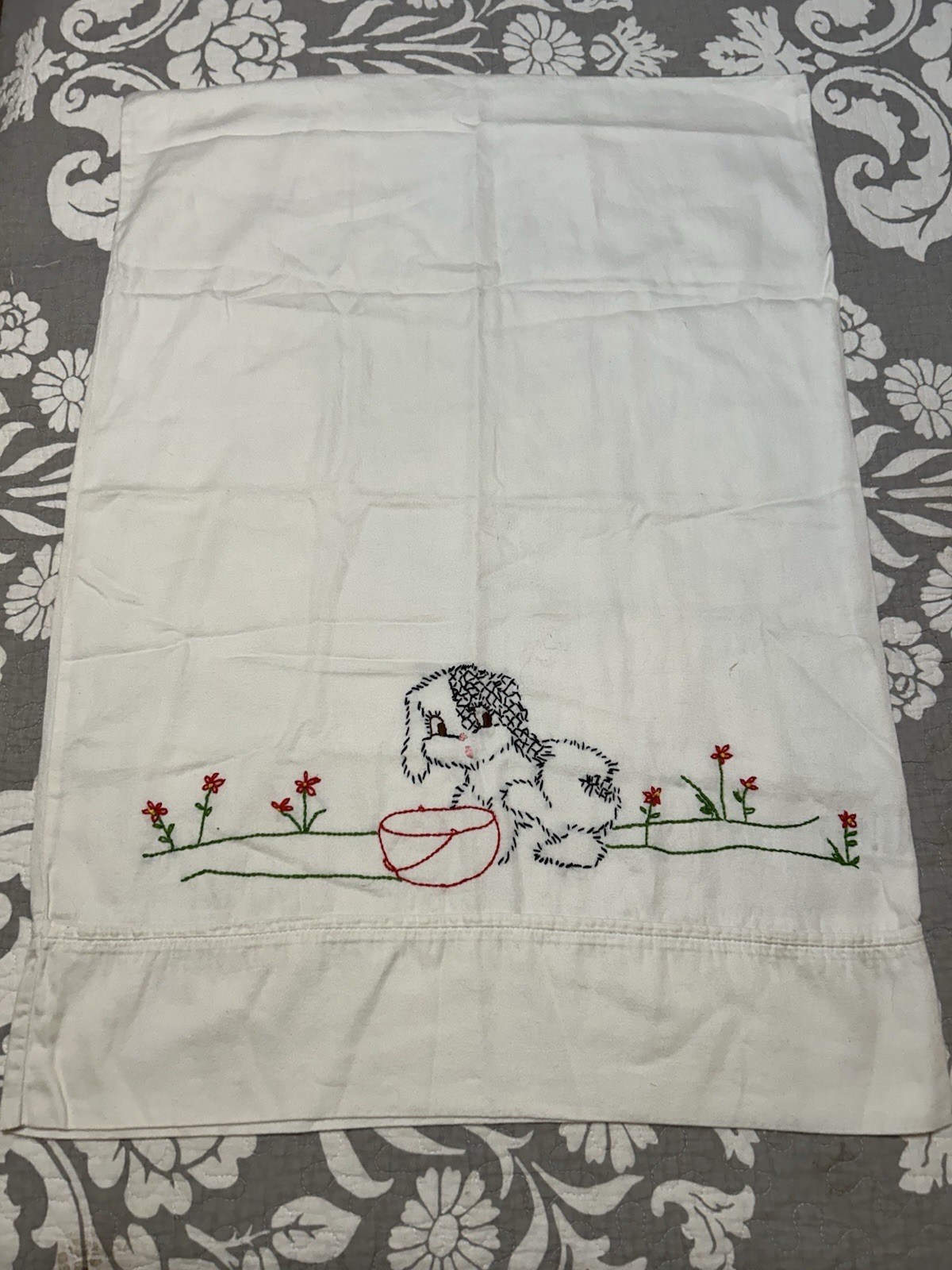 Vtg 1950's Handmade Embroidered Pillowcase 19x28” Puppy Chasing Tail