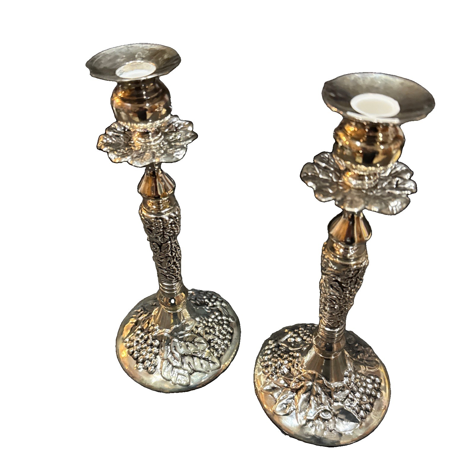Vintage Silverplate Grapevine Candlesticks Pair Ornate Grape Leaf Candle Holders Vintage Silverplate Grapevine Candlesticks Pair Ornate Grape Leaf Candle Holders