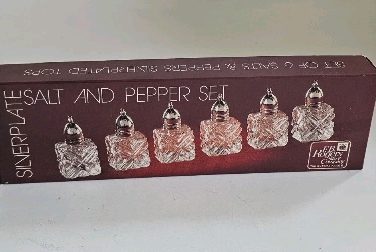 Vintage  F.B. Rogers Silver Co Crystal Glass Salt & Pepper Shakers Box Set of 6