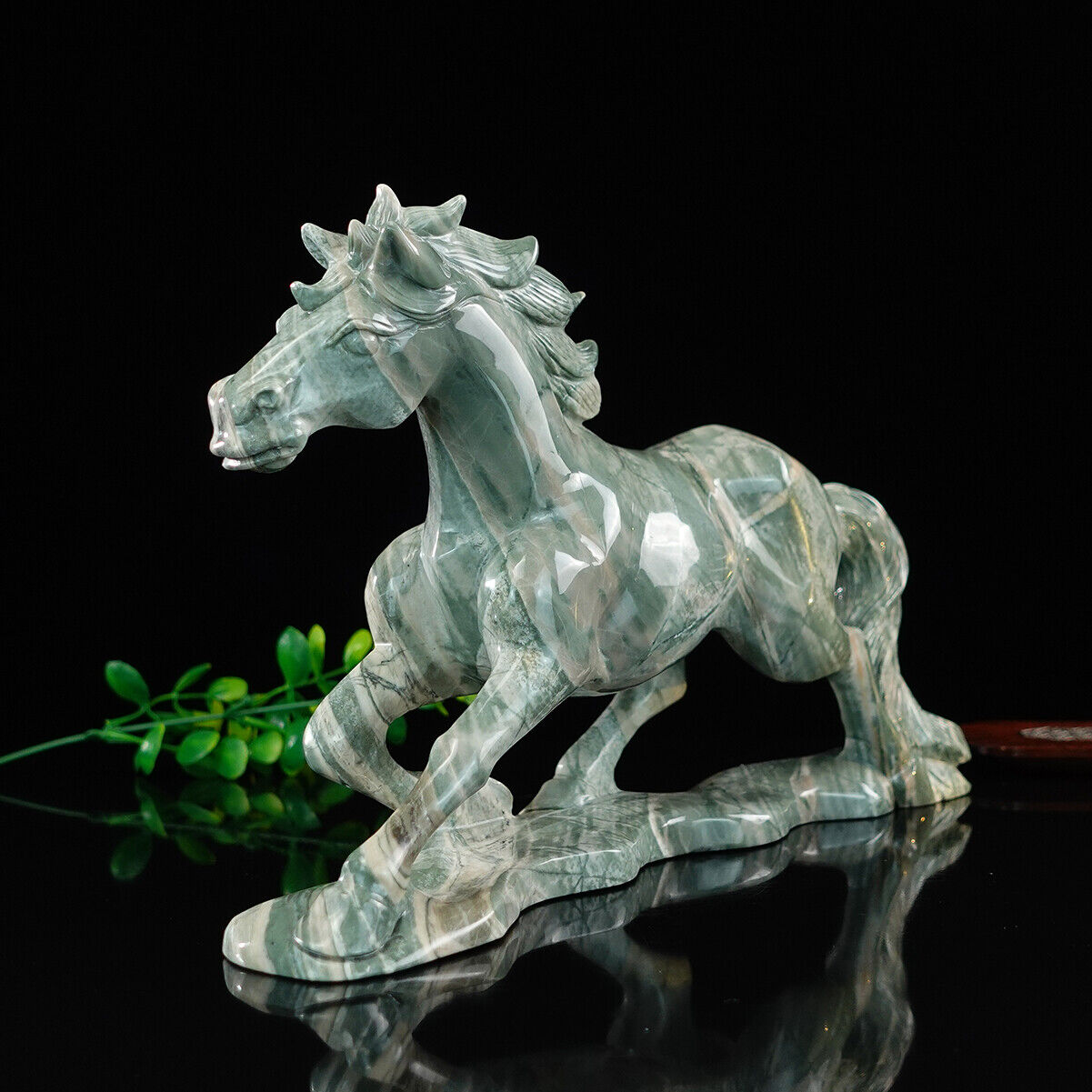 12\'\' Large Realistic Nine Dragon Jade Horse Carved Crystal Reiki Healing Statue