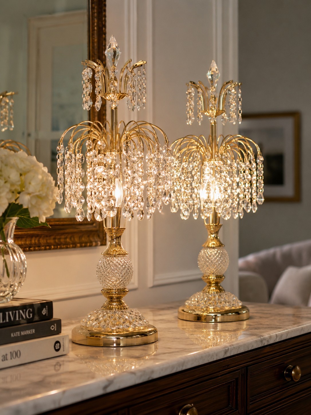Vtg Pair Crystal Table Lamps Gold Tone Chandelier Style Hollywood Regency READ