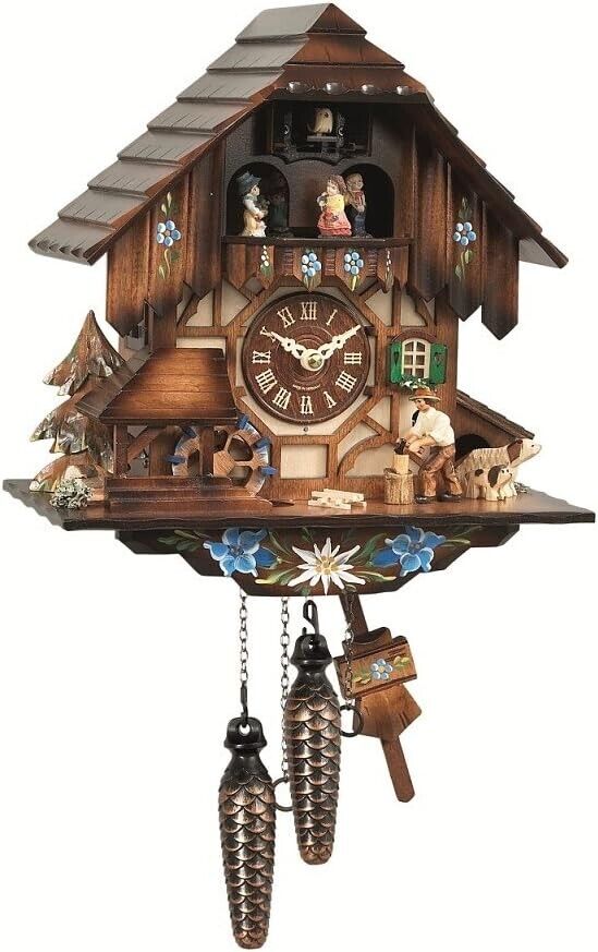 ISDD Quartz Cuckoo Clock with Musik Black Forest house with moving wood chopper