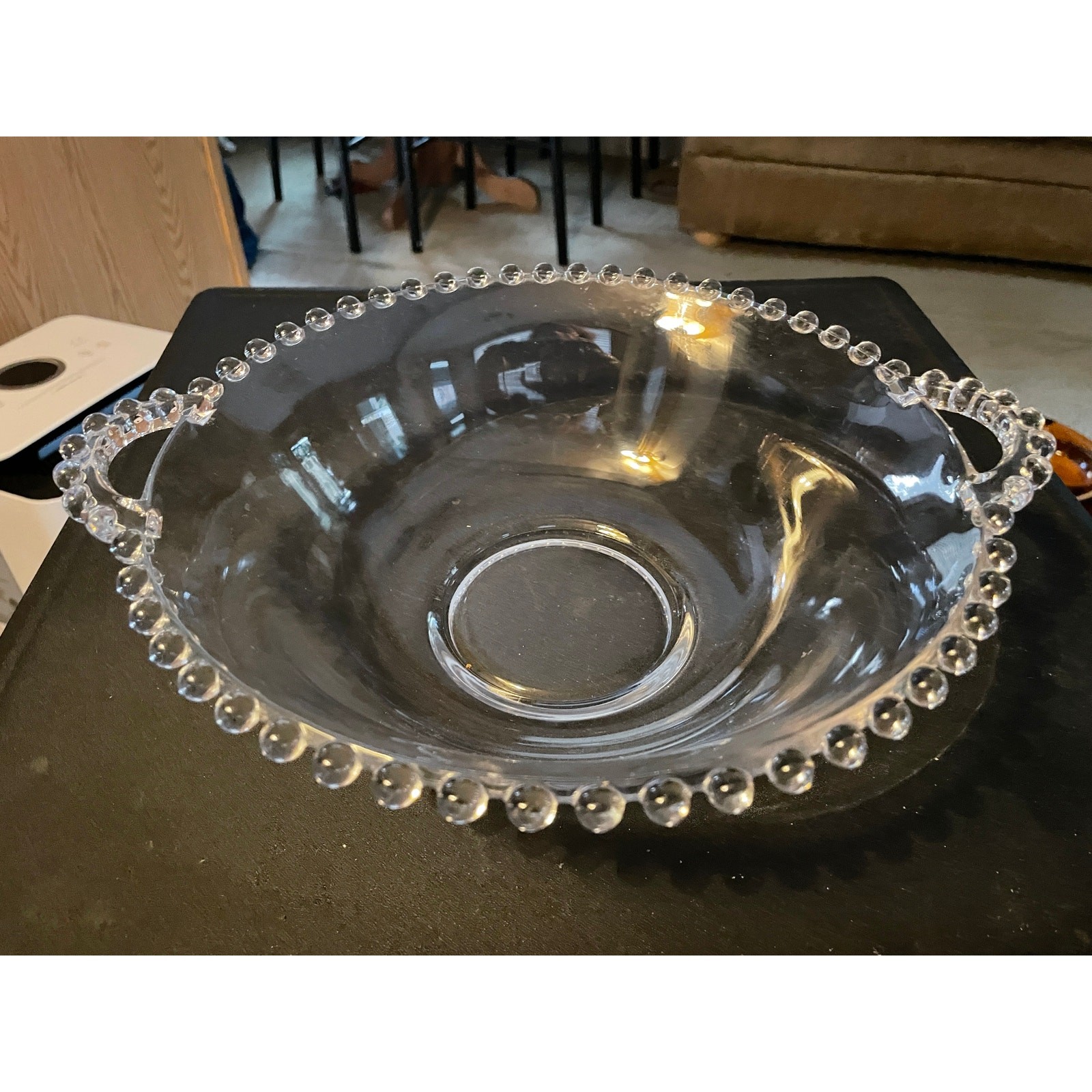 Vintage Imperial Glass Candlewick Two Handled Round Serving Bowl Beaded 10 in