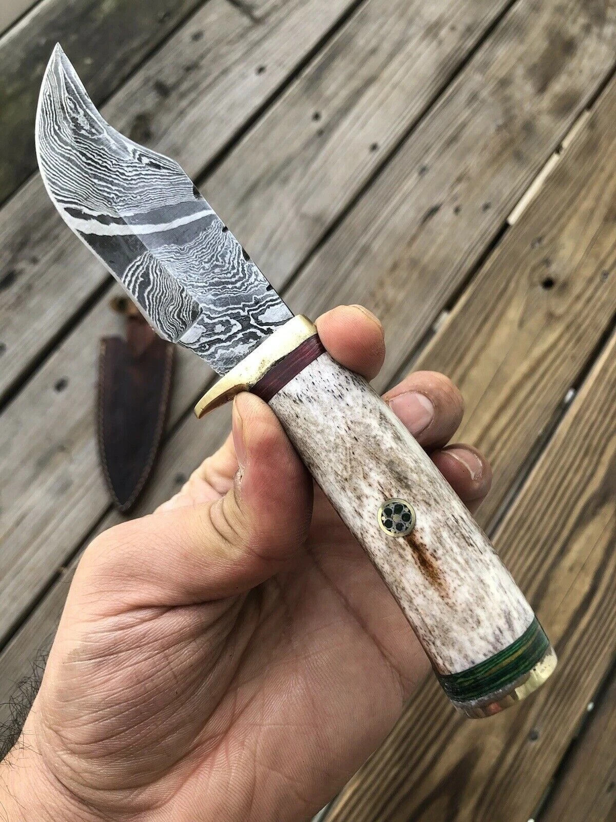 Custom Handmade Damascus Steel HUNTING Skinning Knife Survival Camel bone handle