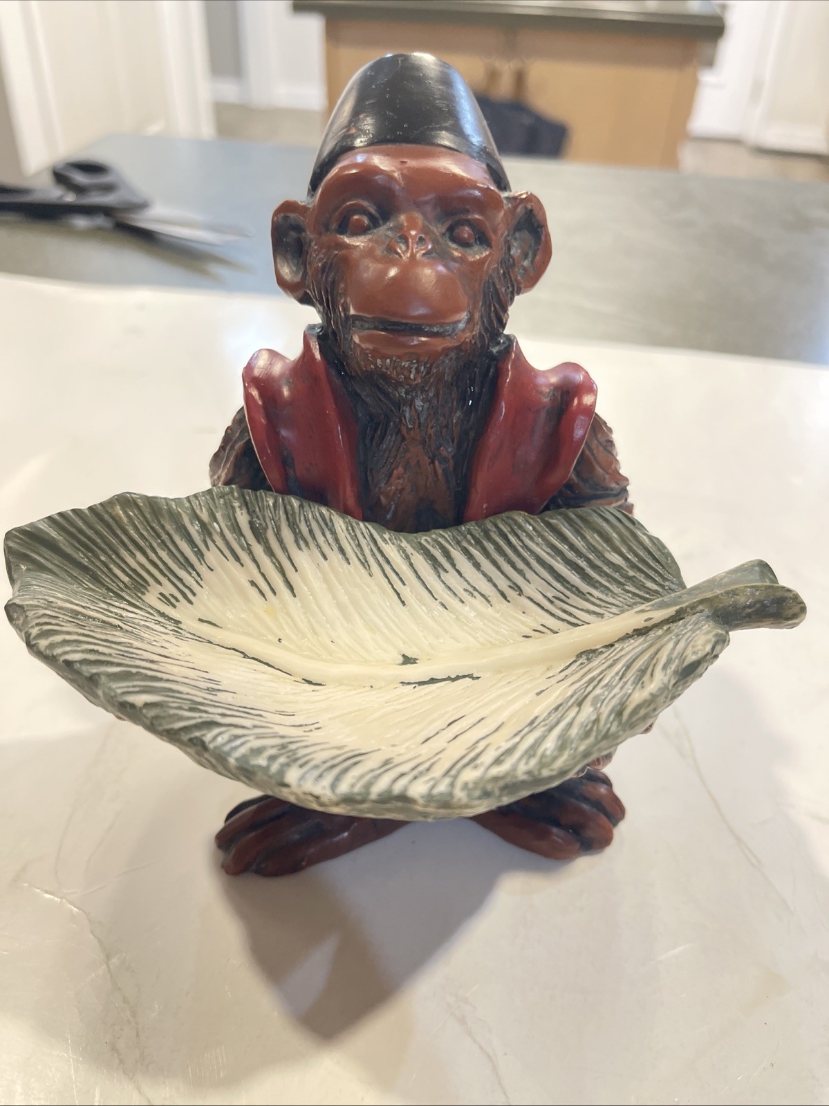 Vintage Monkey Butler Bellhop Wearing A Hat Holding Leaf Heavy Small Bowl Vintage Monkey Butler Bellhop Wearing A Hat Holding Leaf Heavy Small Bowl