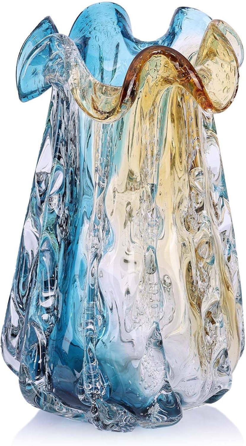 Turquoise Glass Vase, Hand Blown Wide Mouth Teal Blue Glass, Murano Style Modern