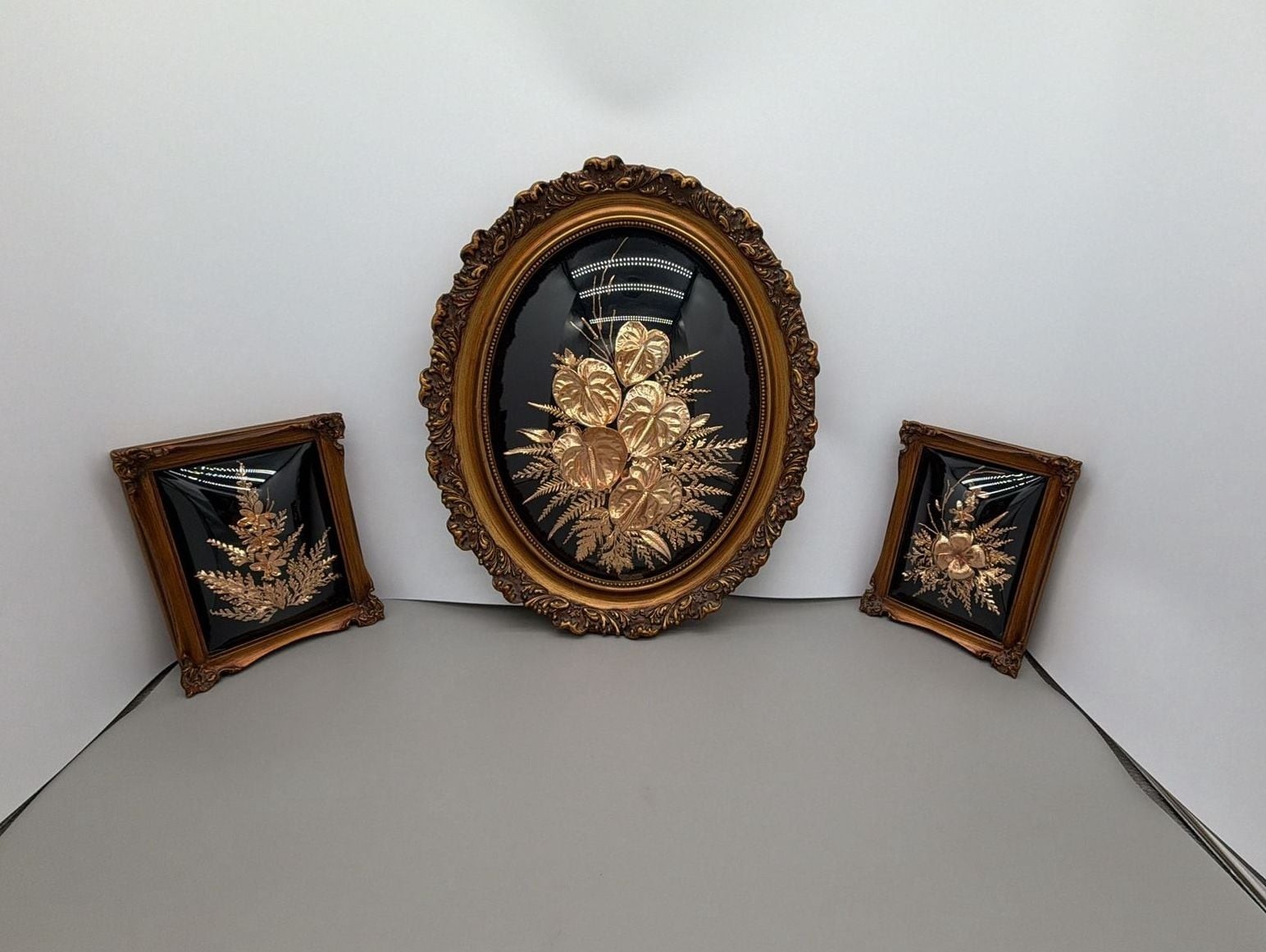 Vintage Rare Saburo Inc Hawaiian Flora 24K Gold Dipped Flowers Baroque Framed Do