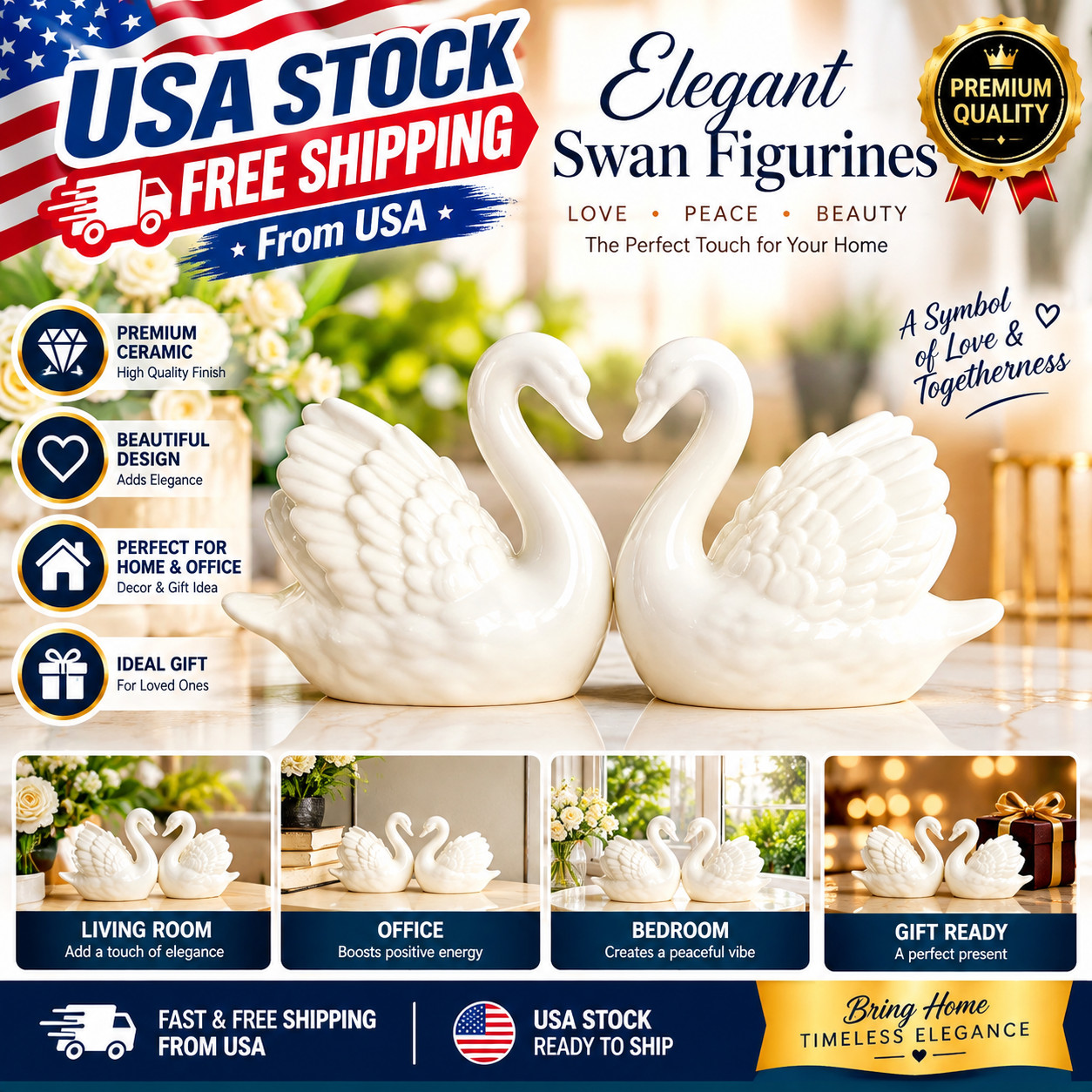 2 Piece White Ceramic Swan Figurines Couple Wedding Home Decor
