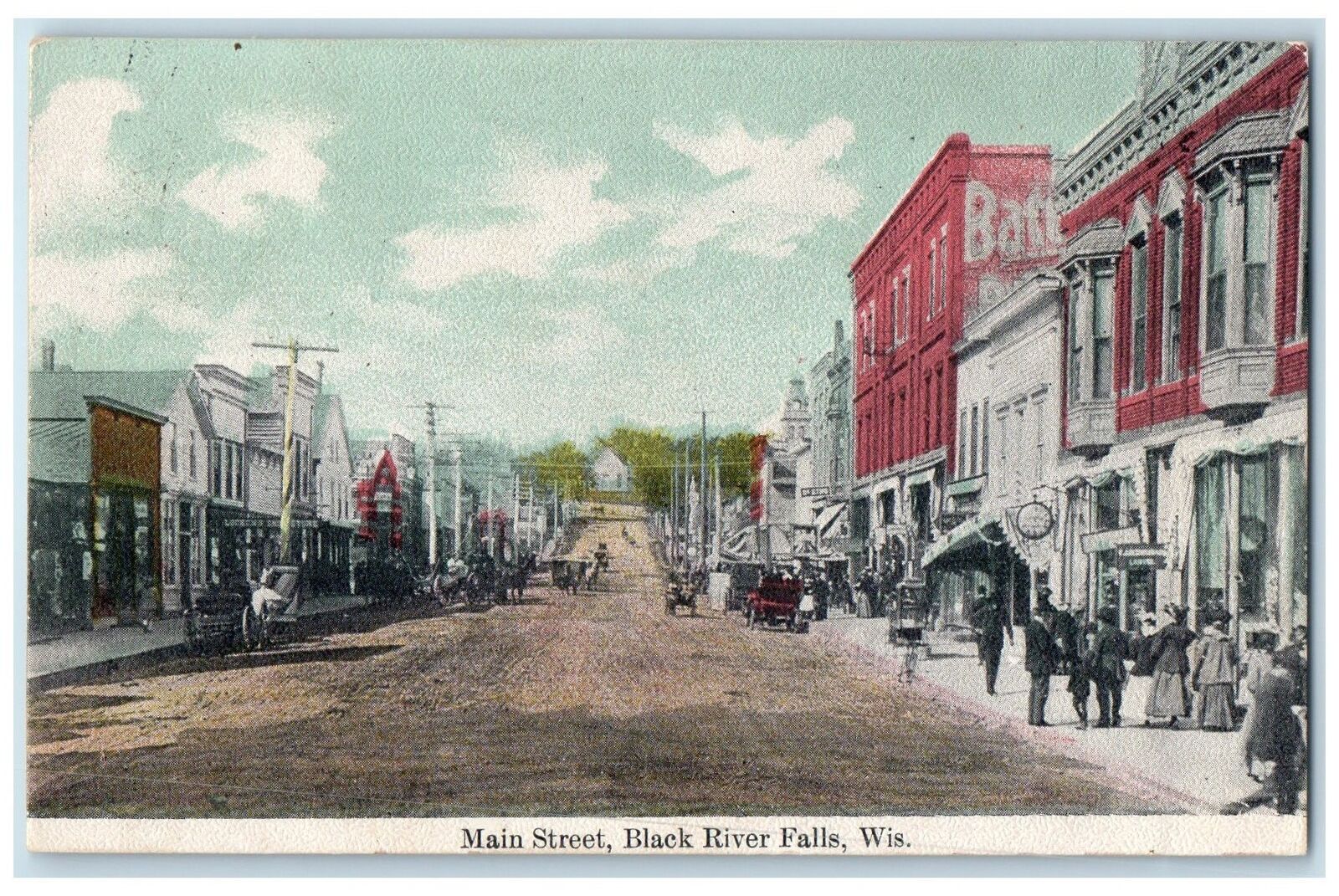 1913 Main Street Dirt Road Classic Cars Black River Falls Wisconsin WI Postcard