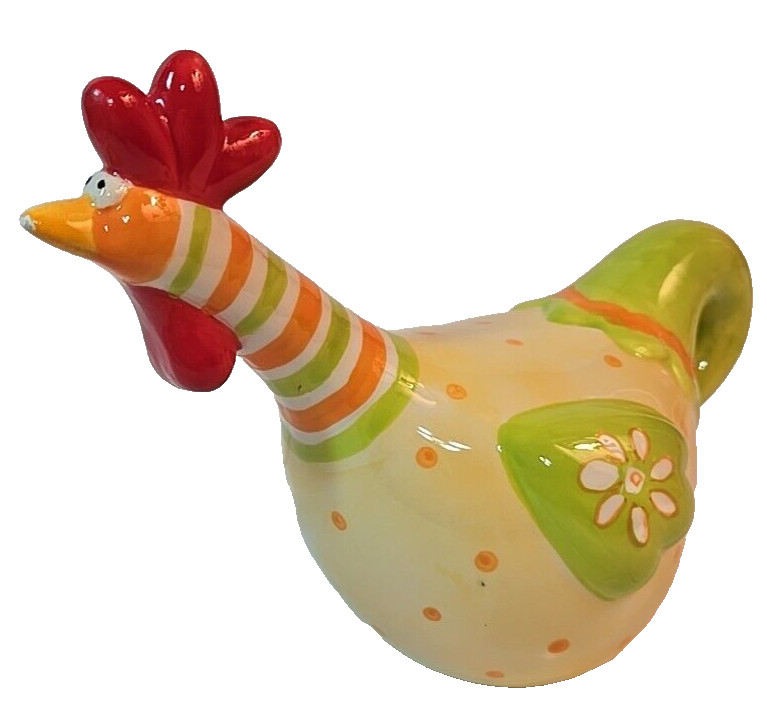 Ceramic Chicken Rooster Folk Art Pottery Colorful Figurine Stripe Polka Dots 7\