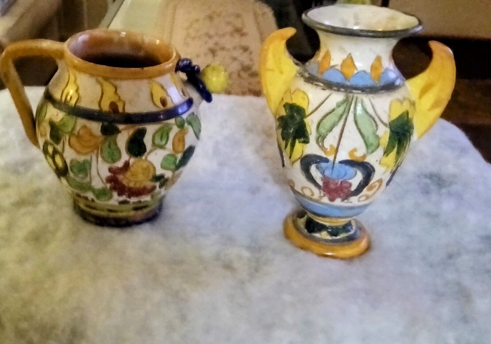 Antique Vintage Italian Flower Majolica Pottery Pitcher Spout Jug & Vase Signed