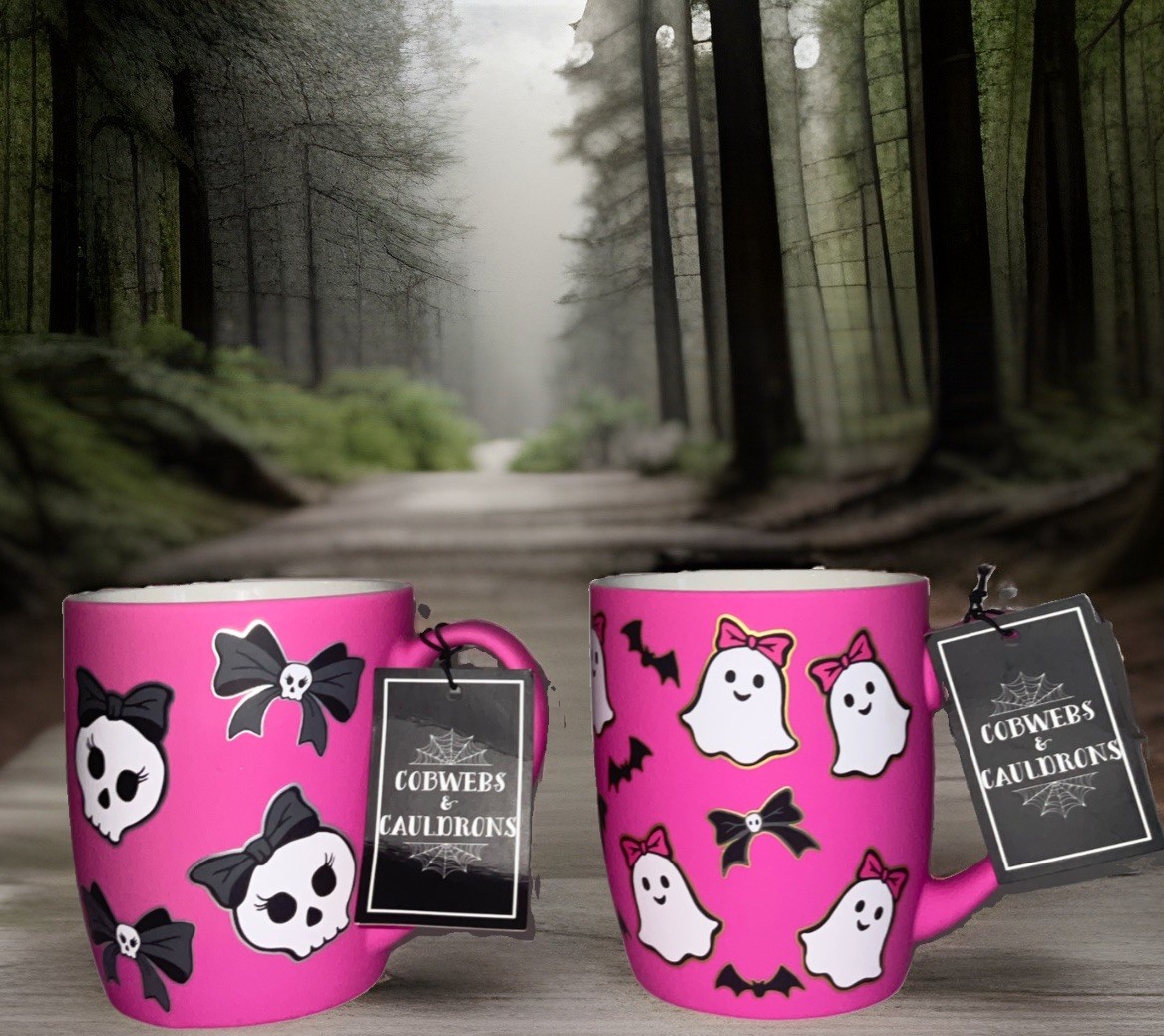 COBWEBS & CAULDRONS HALLOWEEN PINK BOW GIRL SKULL COFFEE TWO 16oz. MUGS NWT