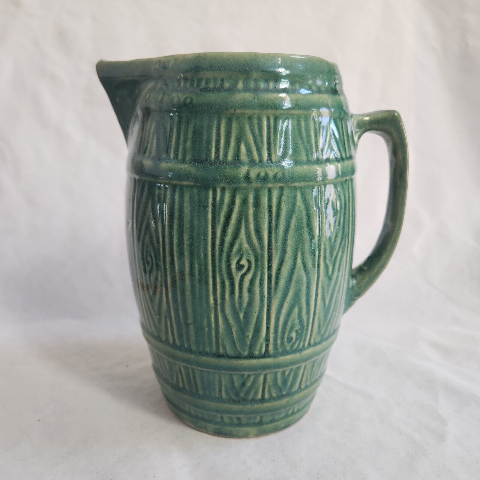 VTG Medalta? Green Barrel Pitcher Jug Yellow Ware Farmhouse Country Cottage Core