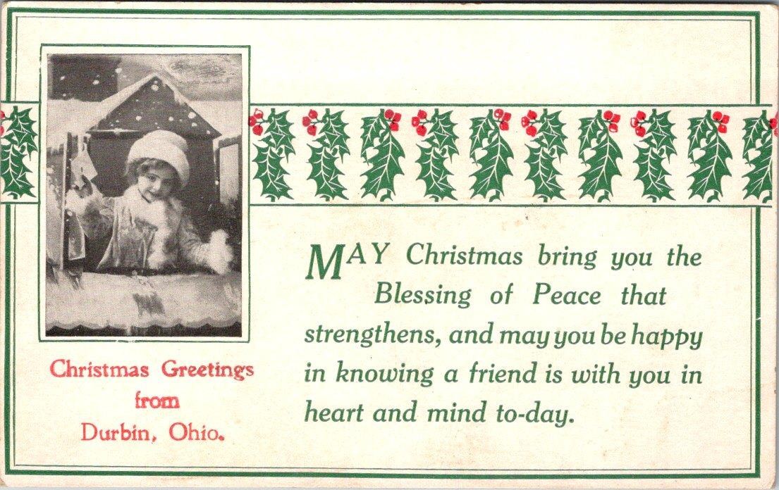 1910-20\'s CHRISTMAS GREETINGS from DURBIN OHIO LITTLE GIRL in WINDOW POSTCARD