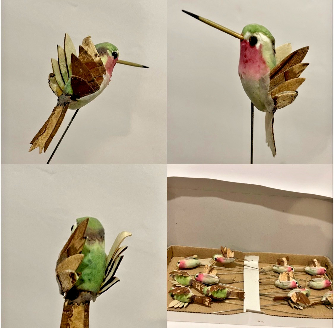 12 NOS Vintage Hummingbird Ornaments Pink Green Cream Wood Feathers w/Wire Pick