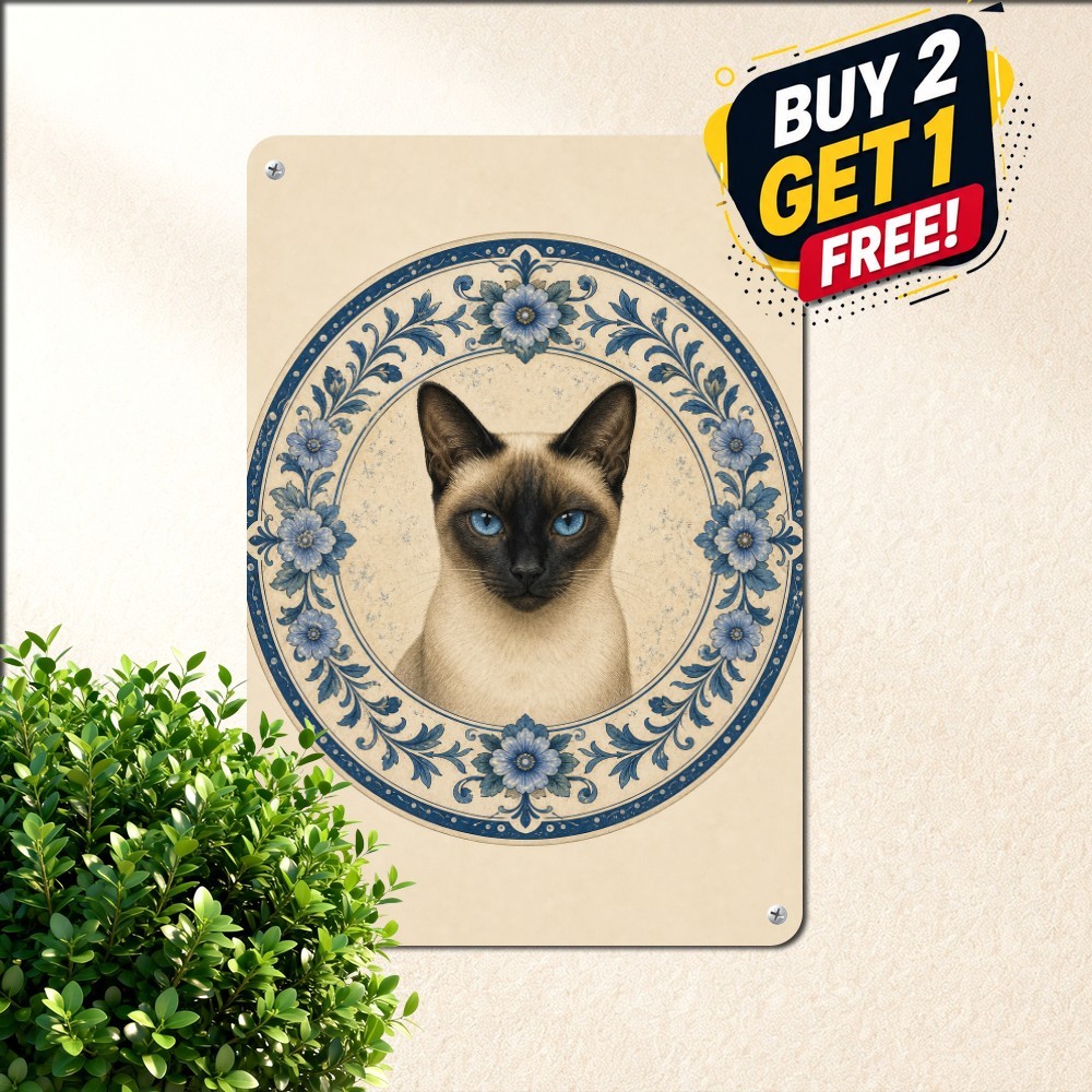 Elegant Siamese Cat Floral Botanical Portrait Metal Tin Sign Pet Lover Decor