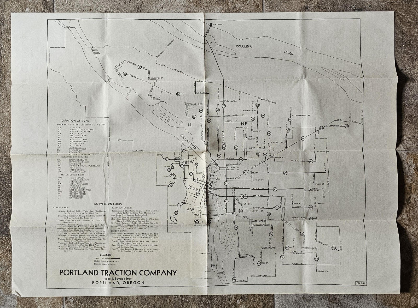 1935 Portland Oregon Traction Company Map Railroad Transportation Original
