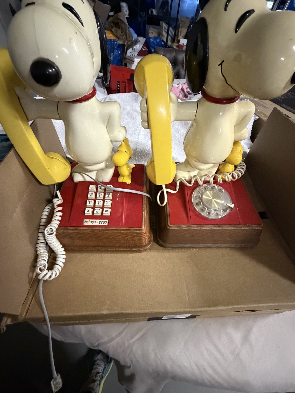 Vintage Snoopy and Woodstock Phone LOT of 2 Rotary + Push Button ATC Peanuts