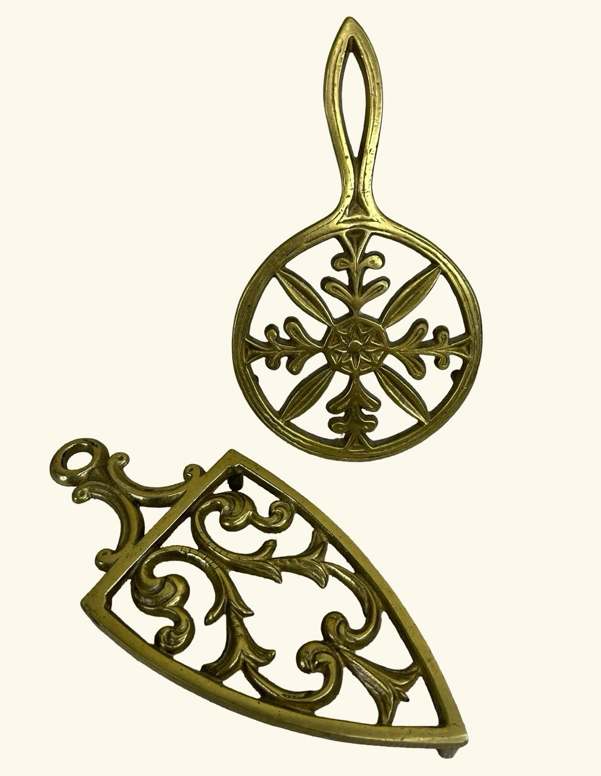Vintage Pair of Ornate Brass Trivets Sad Coal Iron Holder 8” & 7.5”