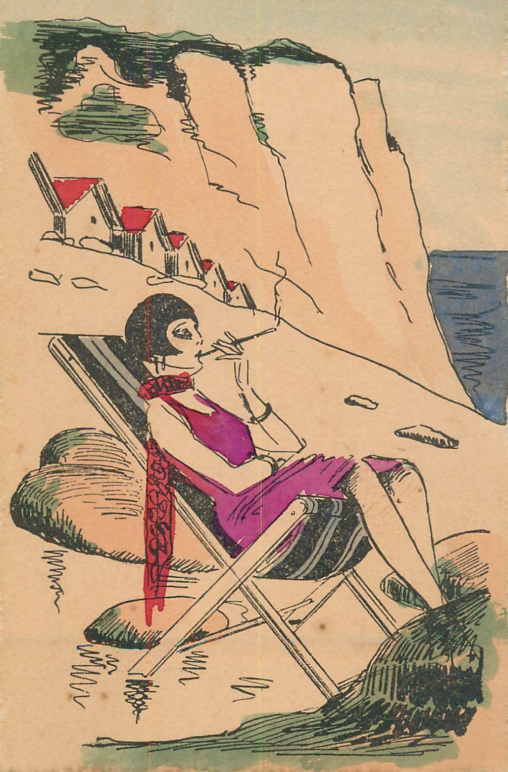 Art Deco Flapper Woman Smoking Deckchair Seaside Cliffs Hand Coloured 1920s