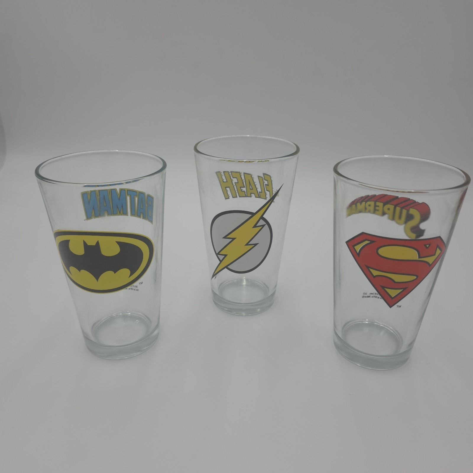 DC Comics RETRO 3 Authentic  Collectible  Glasses. SUPERMAN, FLASH, BATMAN. USA