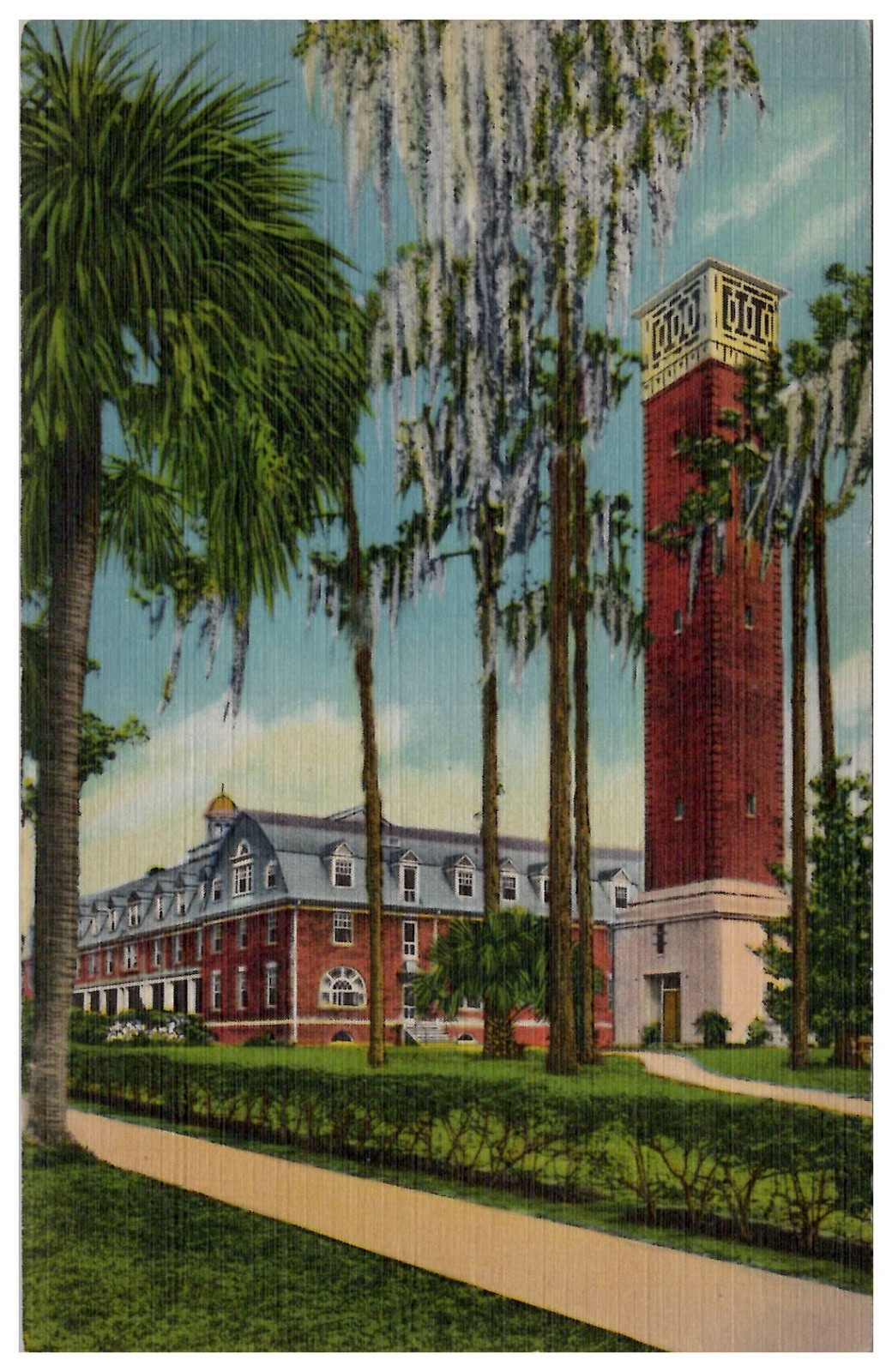 Stetson University Deland FL Chaudoin Hall & Hulley Tower Linen Postcard c1940