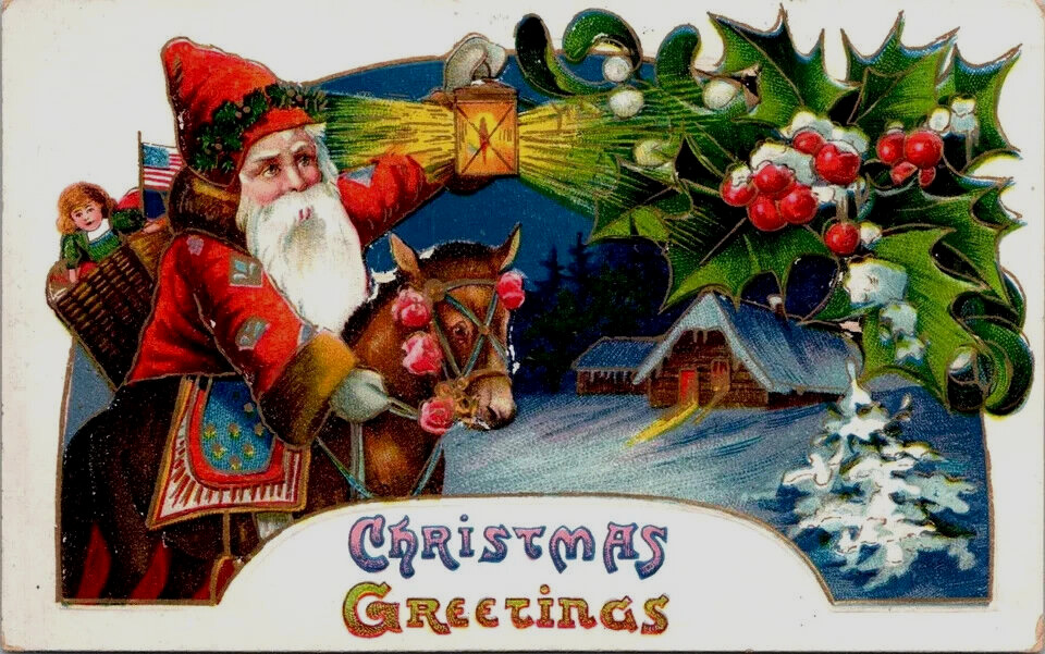 Patriotic~Santa Claus on Horse w/ USA Flag~Toys~Antique~Christmas Postcard~k685