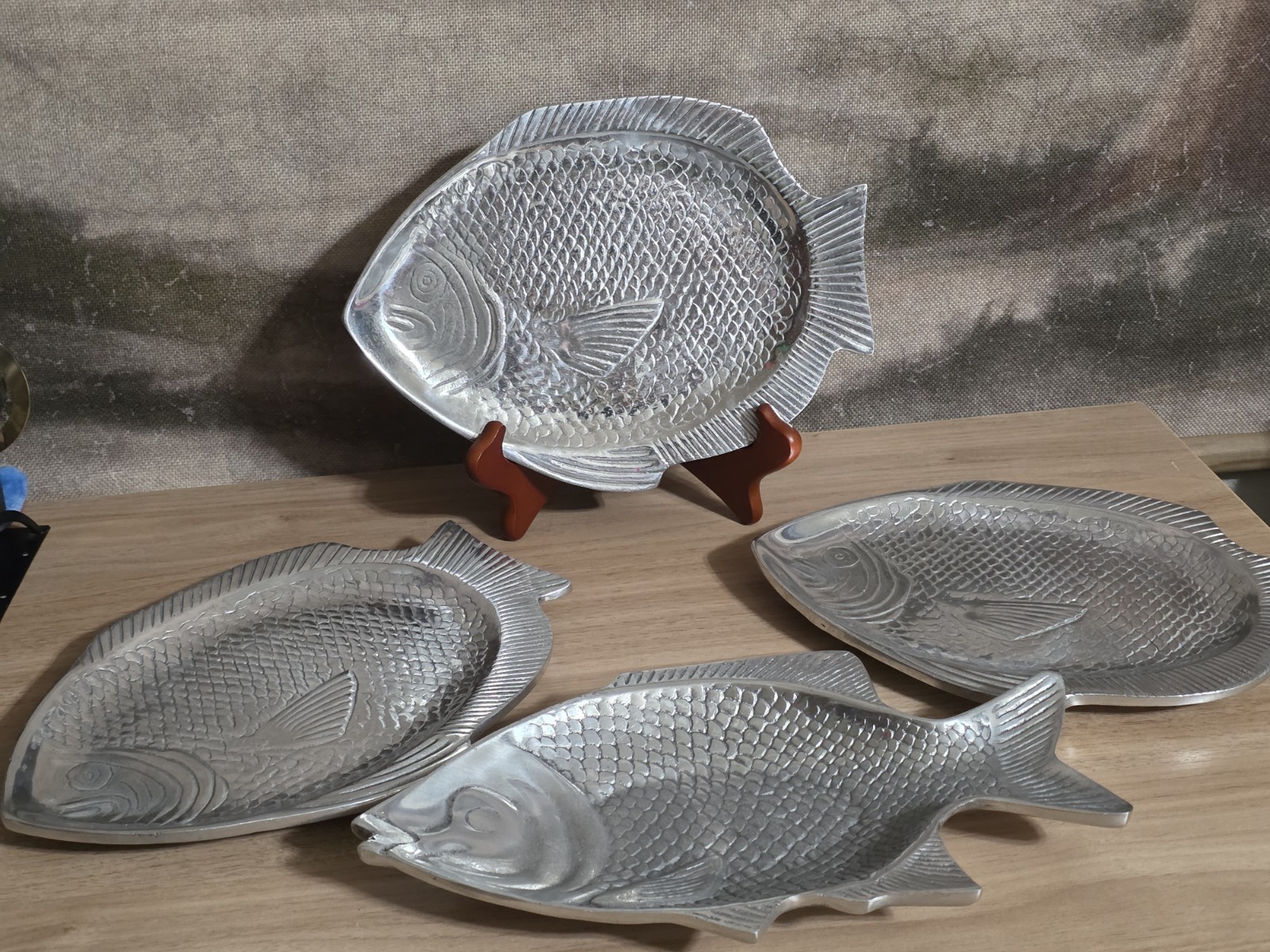 Vintage Mexican Cast Aluminum Fish Serving Platters Set Lot 4. Stamp Vtg