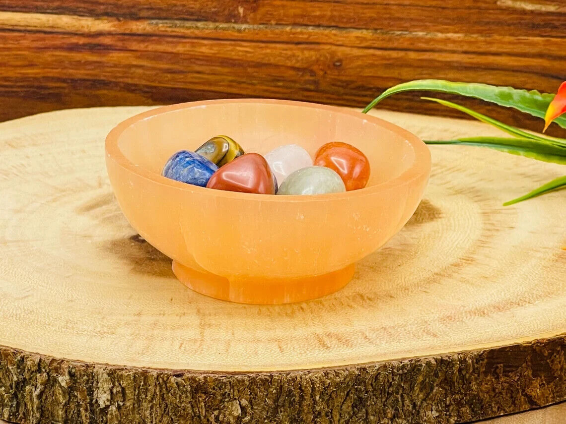 Orange Selenite Pedestal Bowl with 7 Chakra Tumbled Gemstones & Velvet Pouch